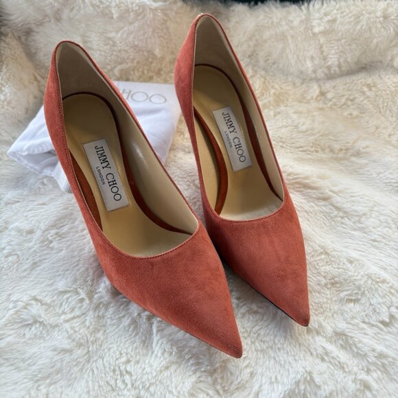 Jimmy Choo Romy 85 Coral Suede Pointed Pumps Size 35.5 - Picture 1 of 6